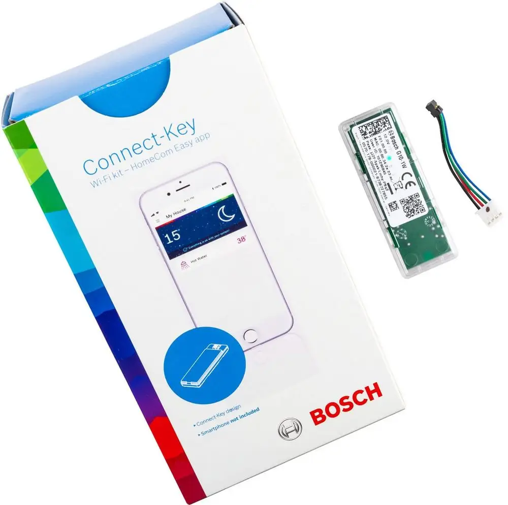 WLAN-Internetmodul von Bosch, geliefert in einem farbigen Karton mit Abbildung eines Smartphones und einer Platine mit Anschlusskabel.